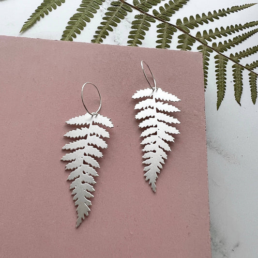 Silver Fern Hoop Earrings - House Plant Earrings