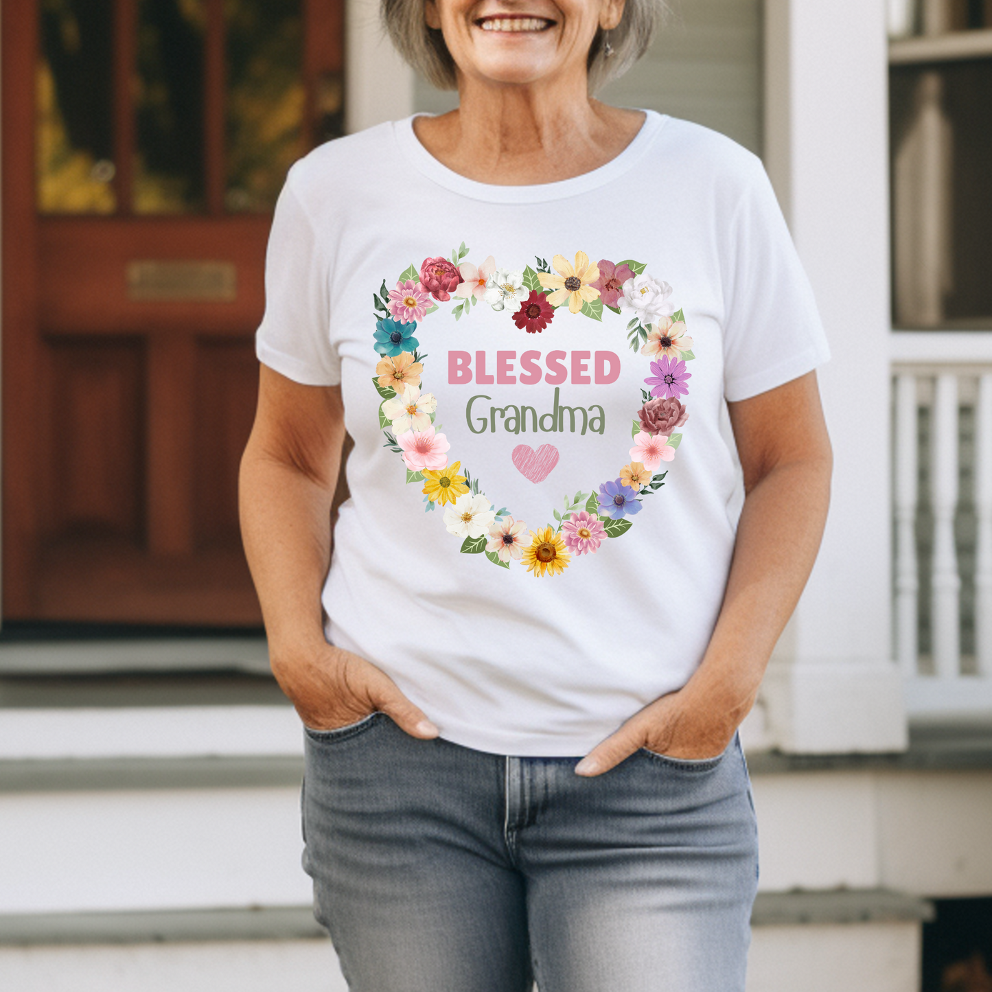 Blessed Grandma Floral Heart Crewneck Print Tee