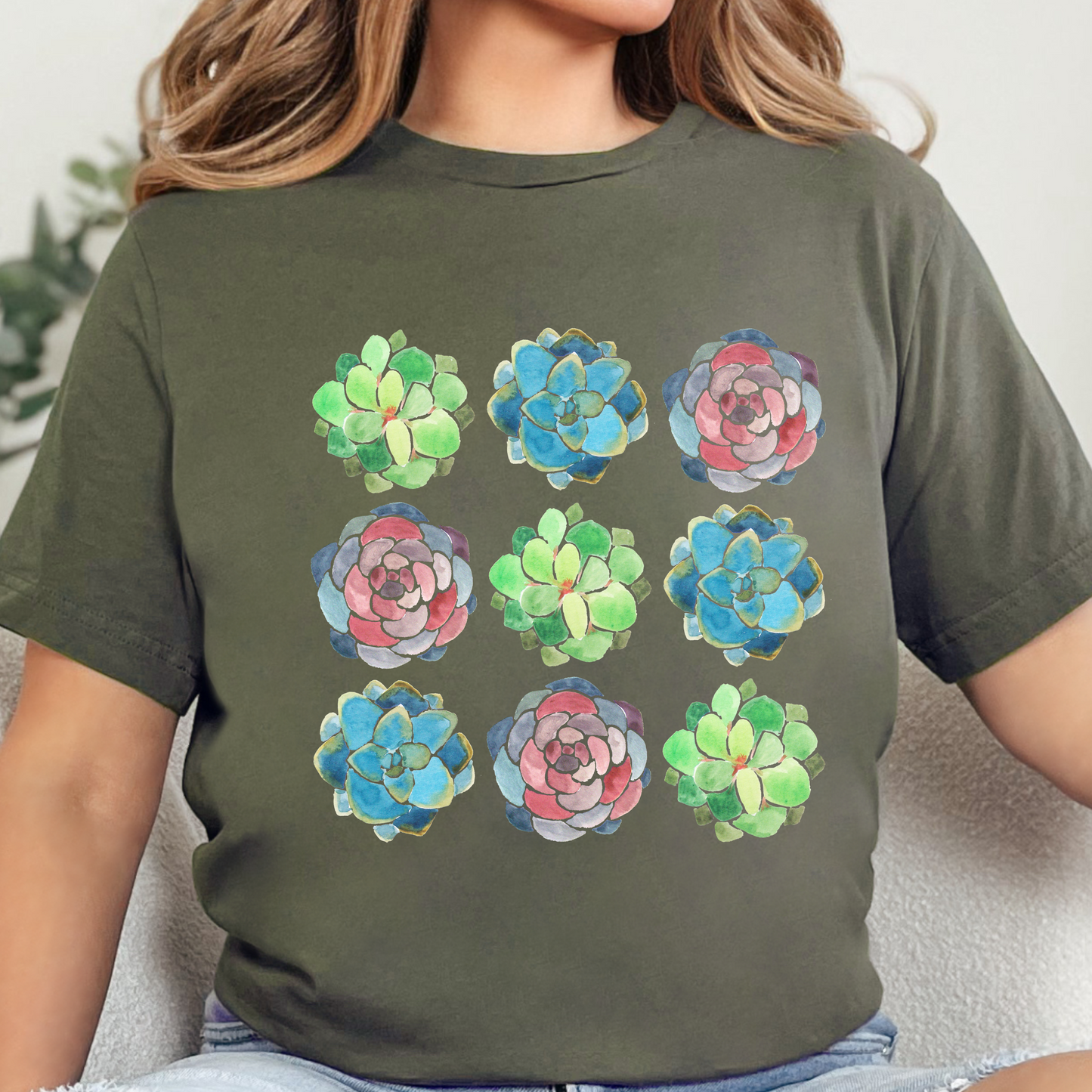 Colourful Succulents Botanical Print T-shirt