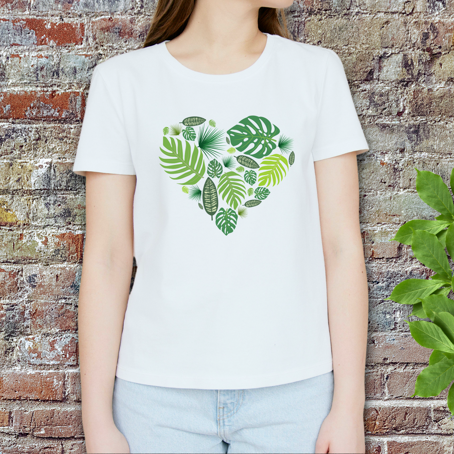 Tropical Leaves Heart Crewneck Floral Print T-Shirt