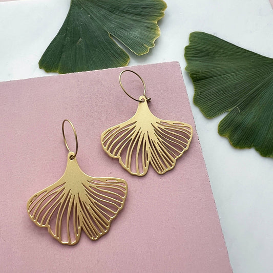 Gold Gingko Hoop Earrings 