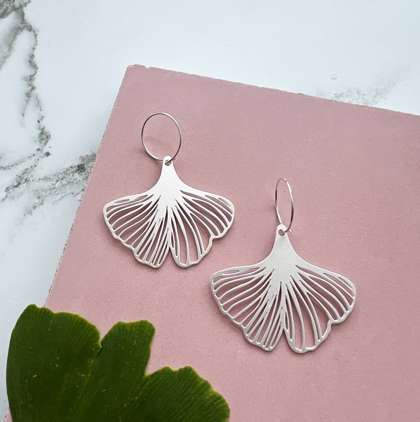 Silver Gingko Hoop Earrings 